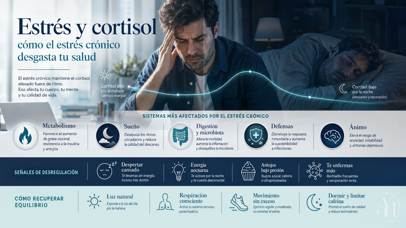 Visualizacion medica del cortisol y el ritmo circadiano bajo estres cronico
