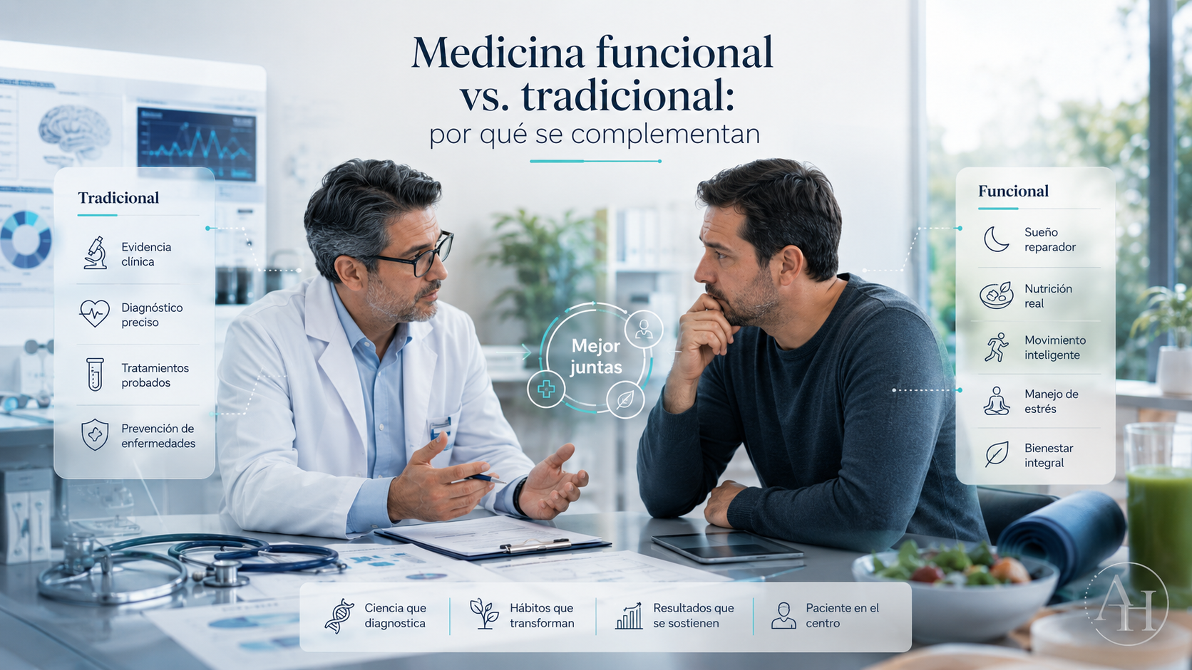 Escena medica integrativa con laboratorio, habitos y cuidado centrado en el paciente