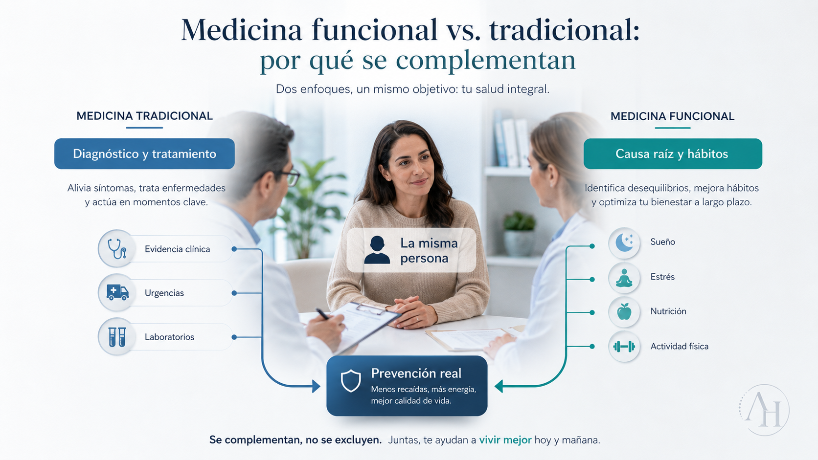 Comparacion visual entre medicina funcional y medicina tradicional
